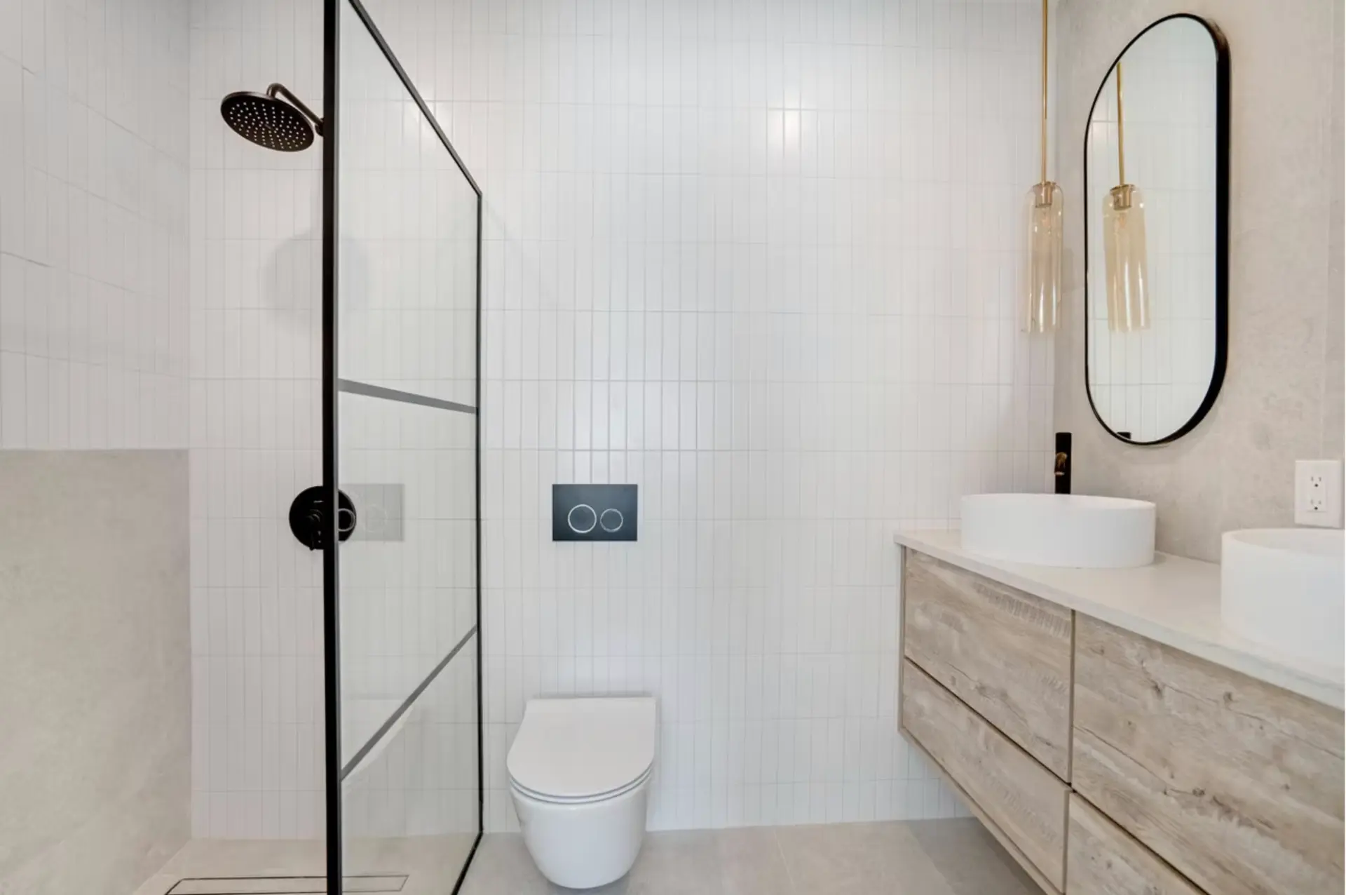 Shower room in stacked white tile with twin basins