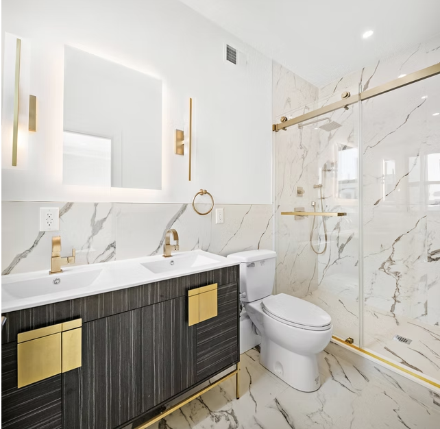 Shower room with brass fittings and twin basins