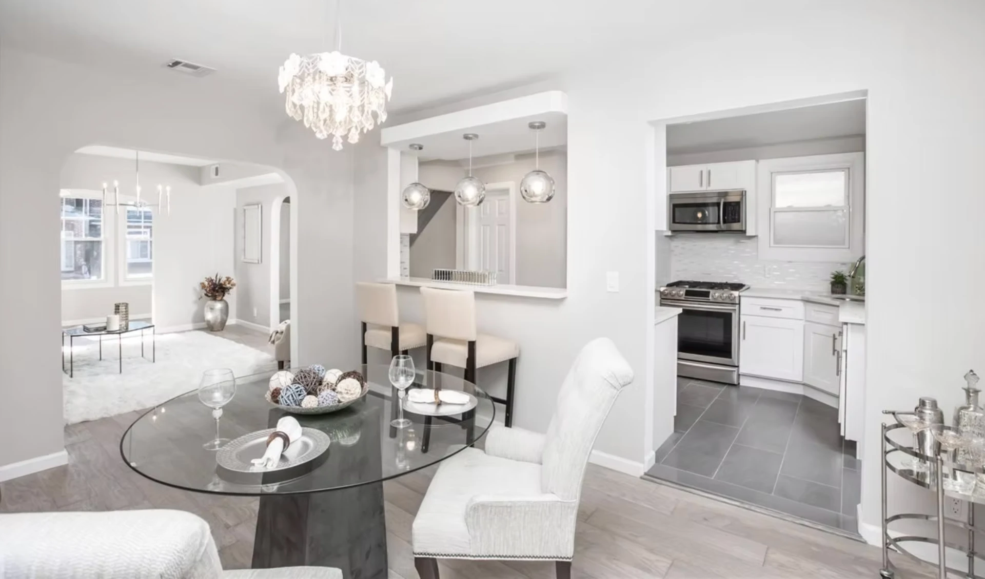 Dining room with views through to the kitchen and front reception